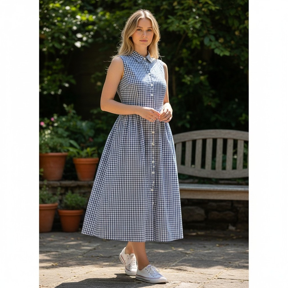 Vtg JG Hook Petite Navy Gingham seersucker Sleeveless Button Down Midi Dress 12P